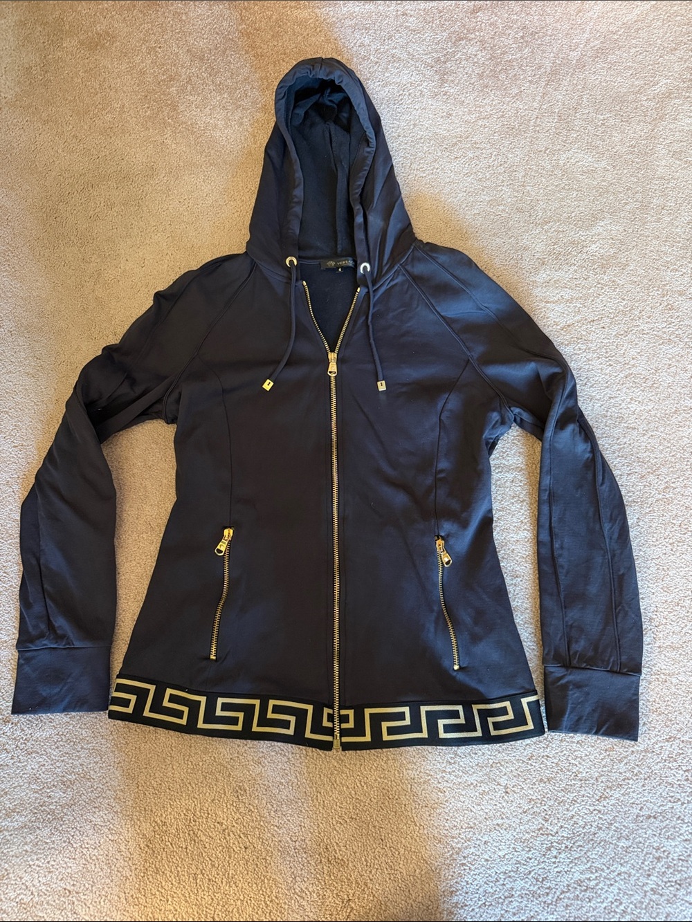 Versace Black Hooded Bomber Jacket with Gold Trim Accent